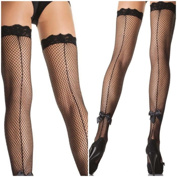 ❤ Backseam Fishnet Back Bow Thigh High Stockings - Picture 2 of 4